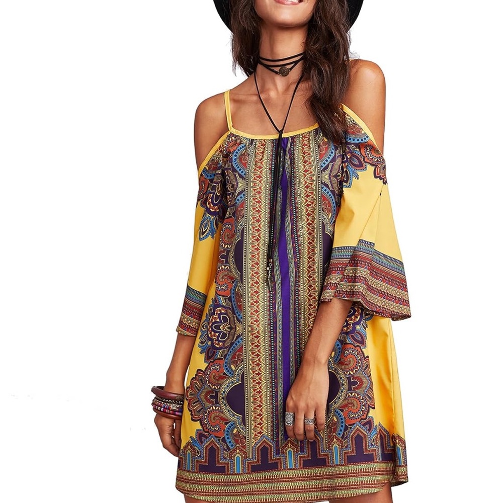 Bohemian Yellow Cold Shoulder Dress